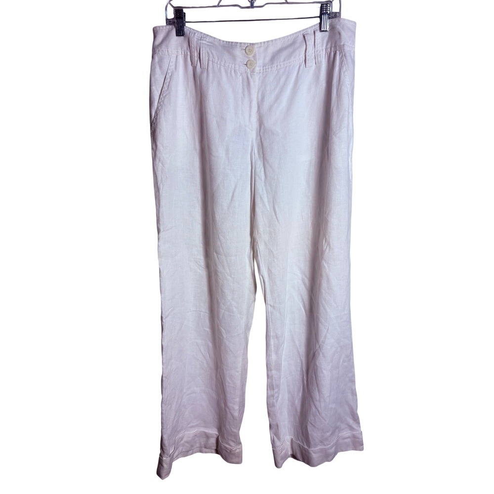 Michael Kors Linen Pants Women 12 White Excellent Wide Leg Cuffed Trouser
